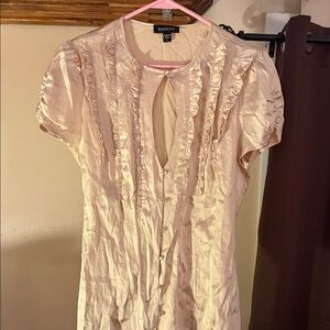 Bebe Creme/Gold Satin Blouse with Ruffle Accents and tie around waist